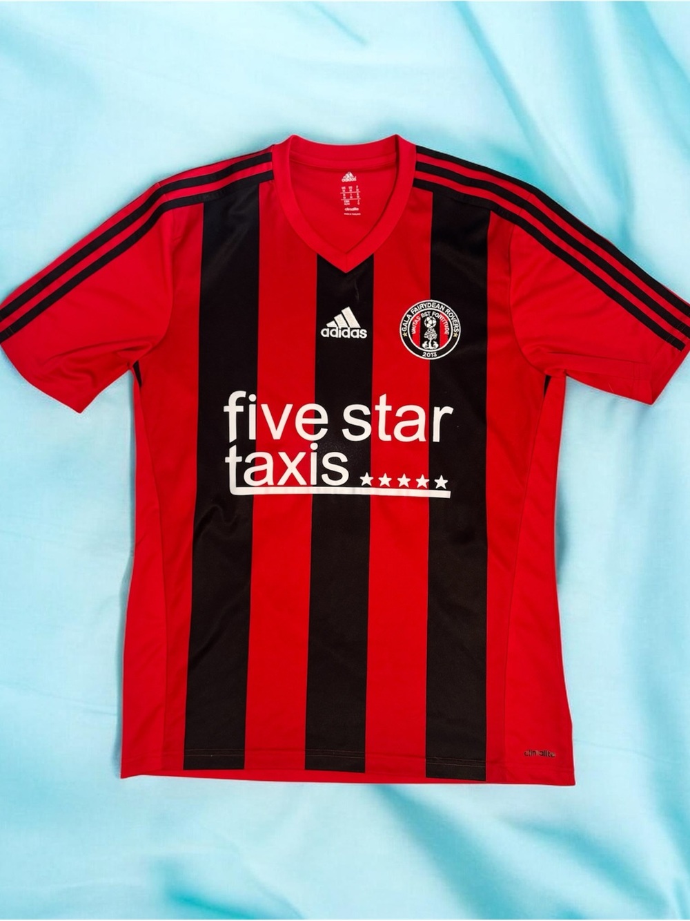 adidas Red and Black Striped Soccer Jersey with Sponsor Logo